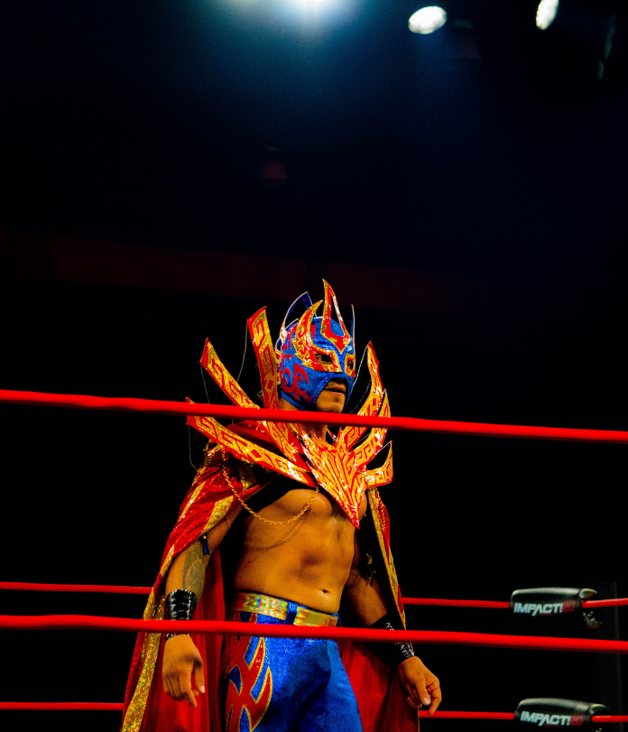 Masked luchador standing between the ring ropes at an IMPACT Wrestling event